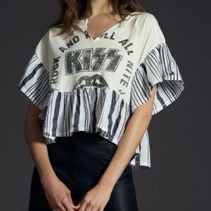 KISS Graphic Cropped Ruffle Top - White/Black